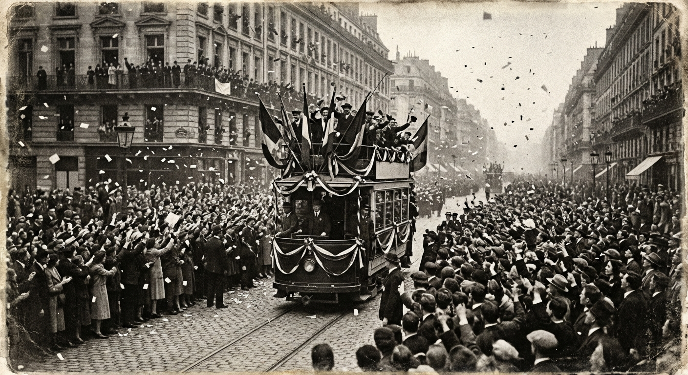 The Rovers' victory tram makes its way through packed streets as two hundred thousand Bobingtonians celebrate