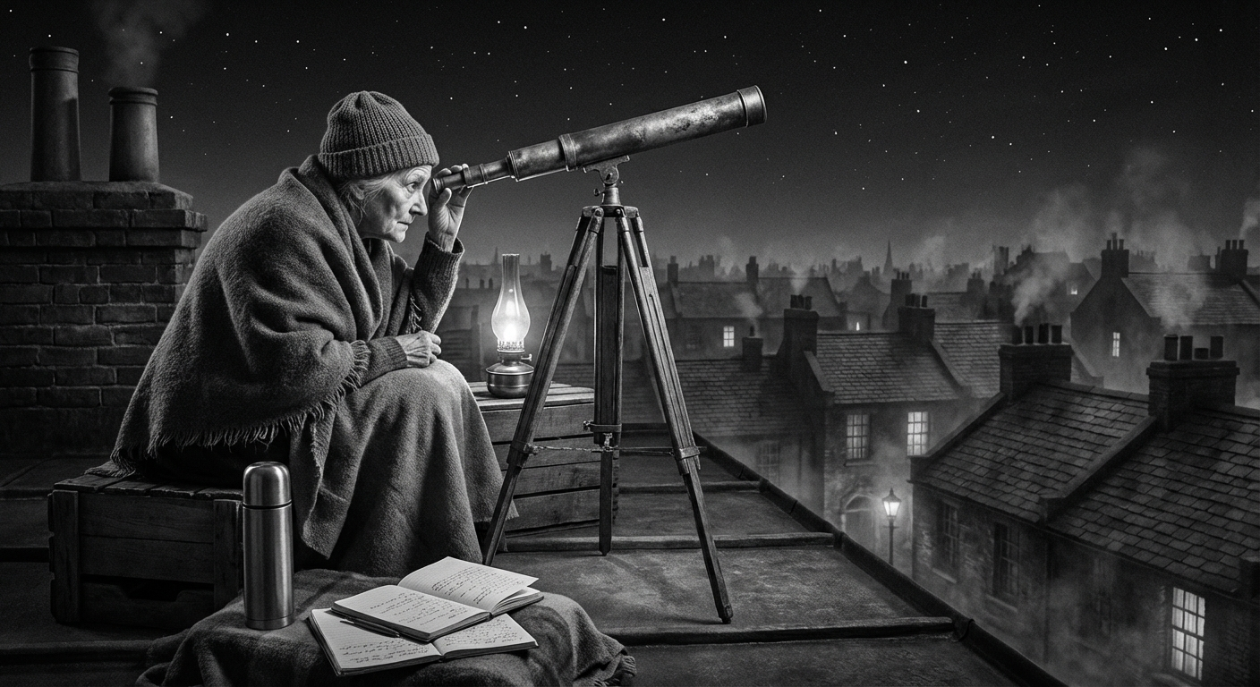 Mrs. Calloway's rooftop observatory at 14 Harbinger Lane, Bramblegate