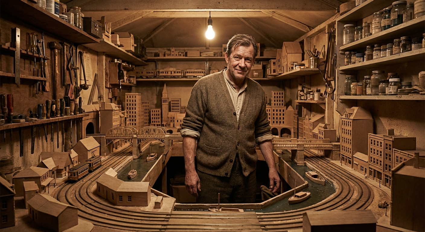 Oswin Faraday surveys his mechanical model of Bobington in his Thornhill garage