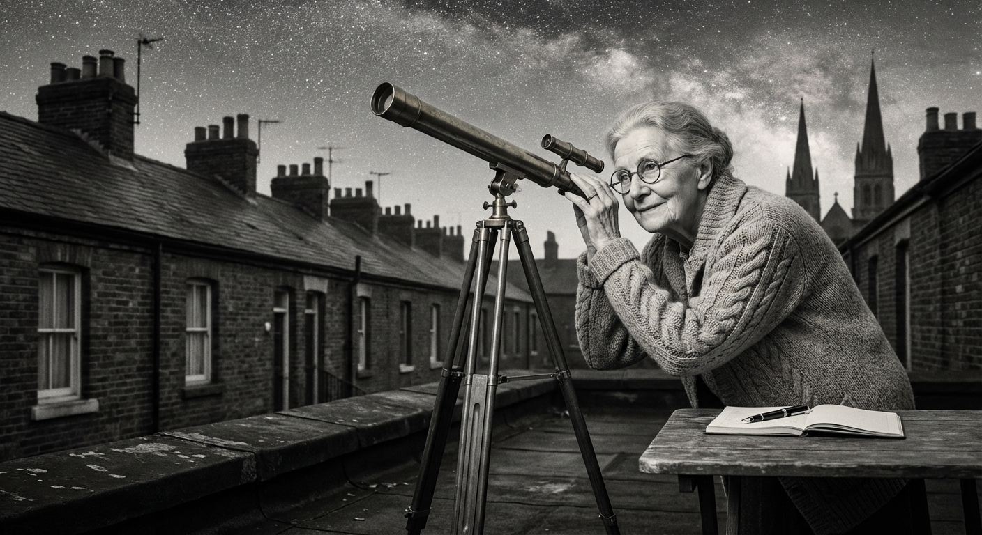 Mrs Edith Calloway at her rooftop observatory on Harbinger Lane, where she first spotted the comet on 17 February