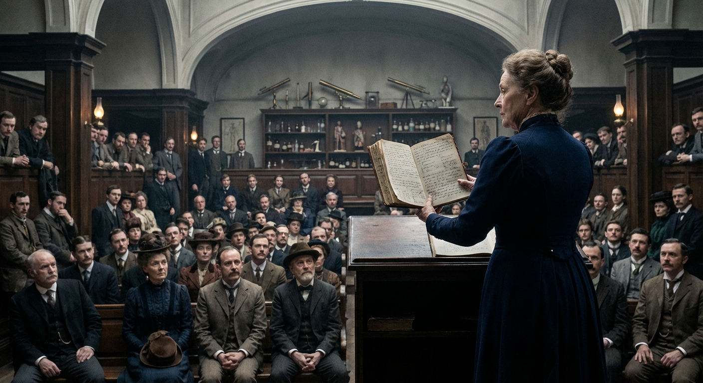 Mrs Calloway presents her observation notebooks to a standing-room audience at the Royal Institute