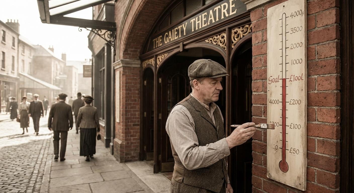 Augustin Fell repaints the fundraising thermometer outside the Bellvue Theatre