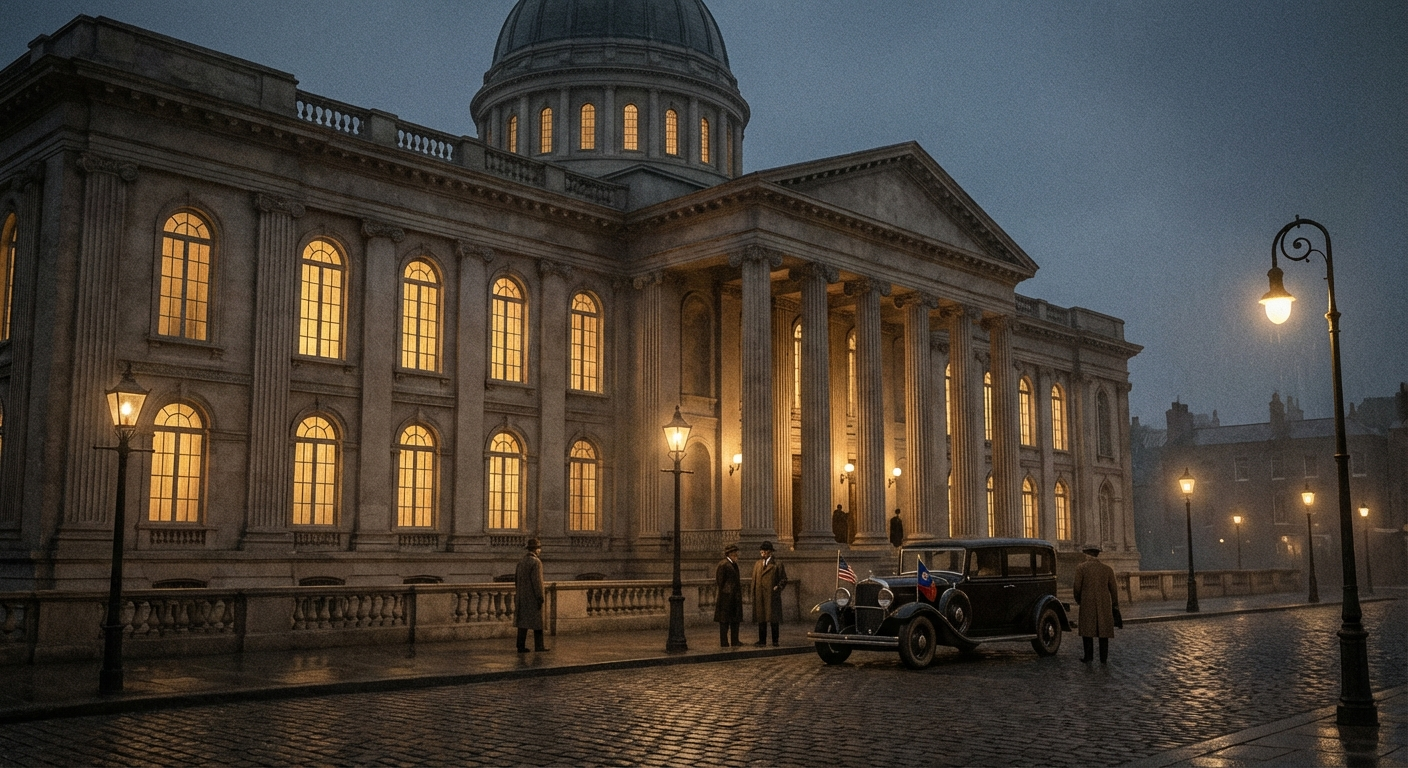 Chancery Row at dusk — the Foreign Office awaits Tuesday's historic meeting