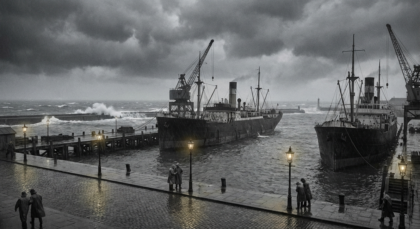 Cargo vessels shelter in Bobington's inner harbour as the first March gales lash the waterfront