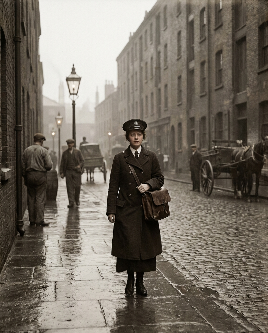 A postwoman makes her rounds through the rain-slicked streets of the Docklands