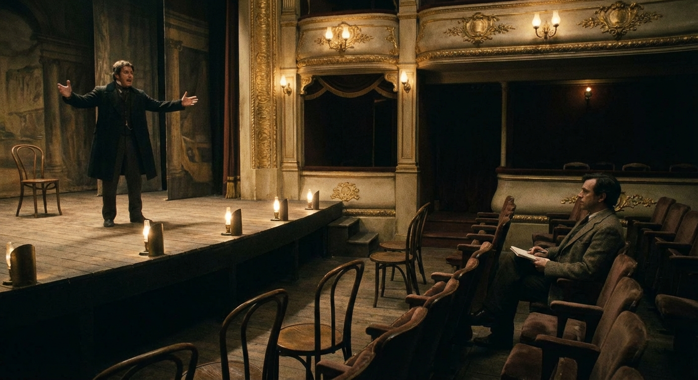 Rehearsals continue at the Bellvue Theatre — Thomas Ashworth as Edmund Vale, finding the third act