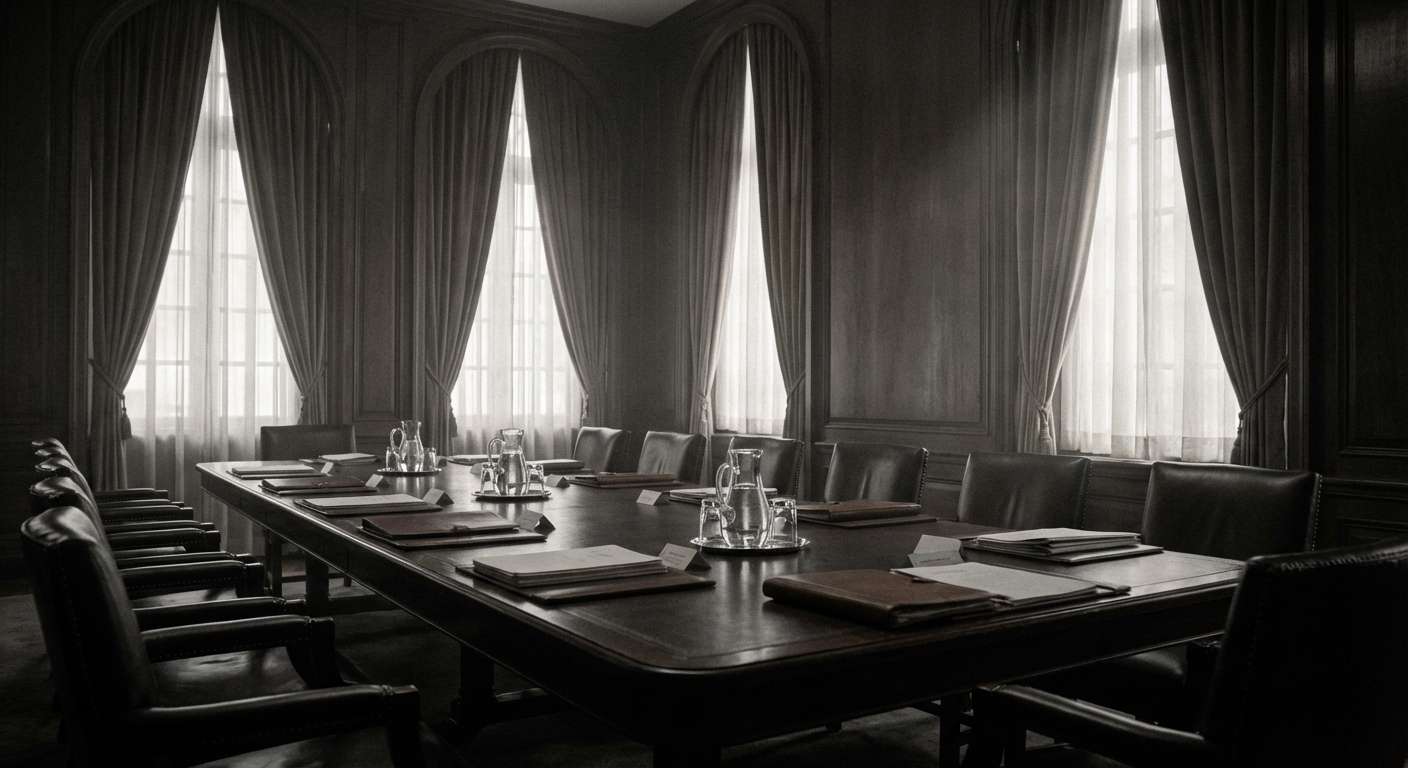 The meeting room at the Foreign Office on Chancery Row — Monday's third session begins at half past nine