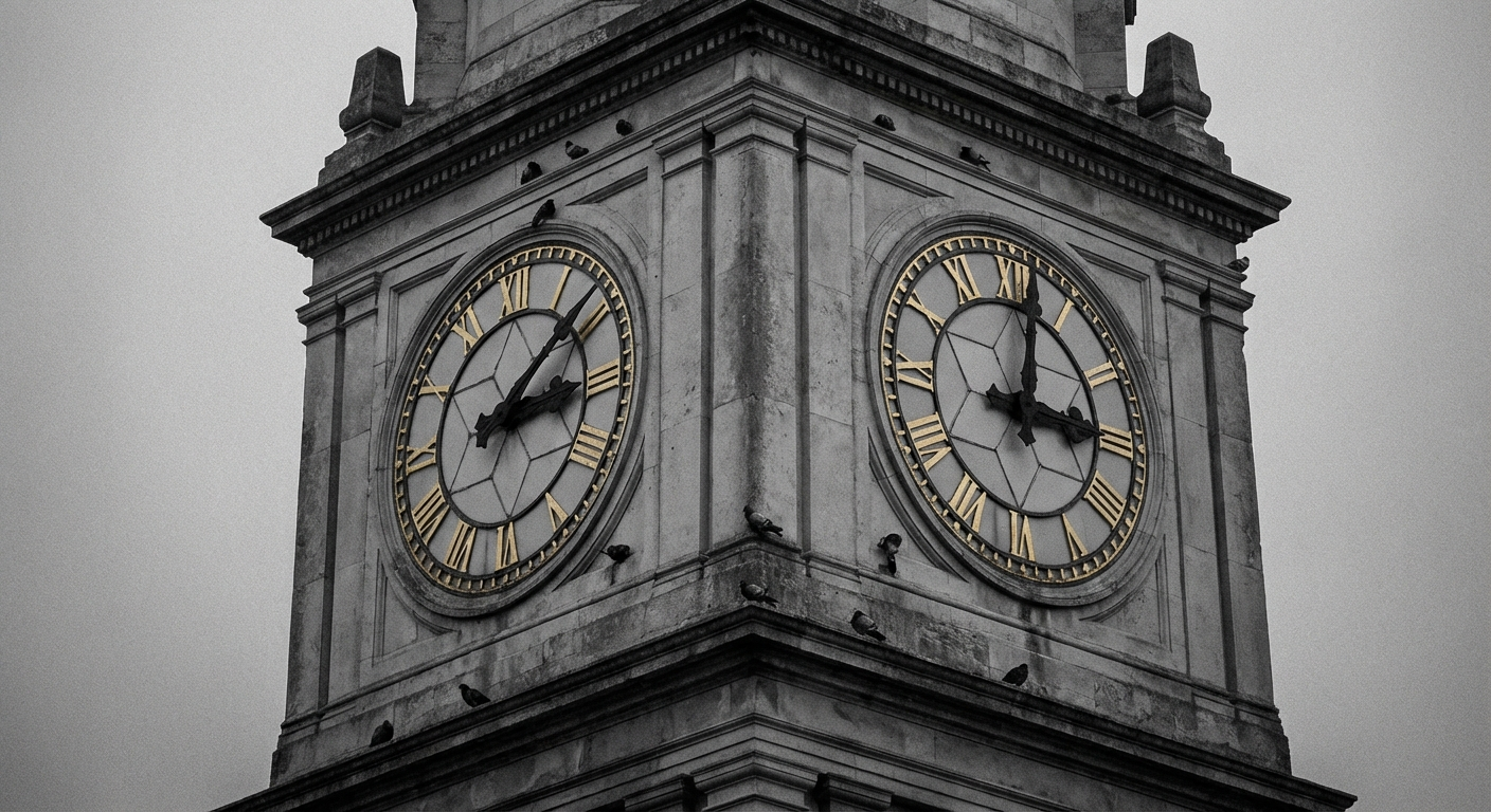 The Municipal Chamber clock, frozen at 2:47 since Wednesday afternoon