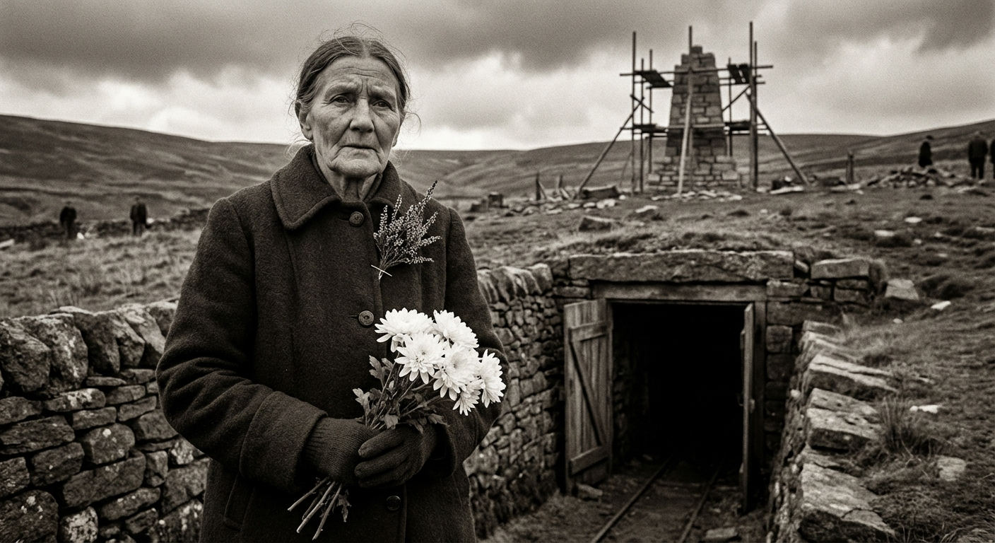 Bess Holloway at the sealed entrance to No. 3 shaft, Dunvale — as she has stood every March since 1964