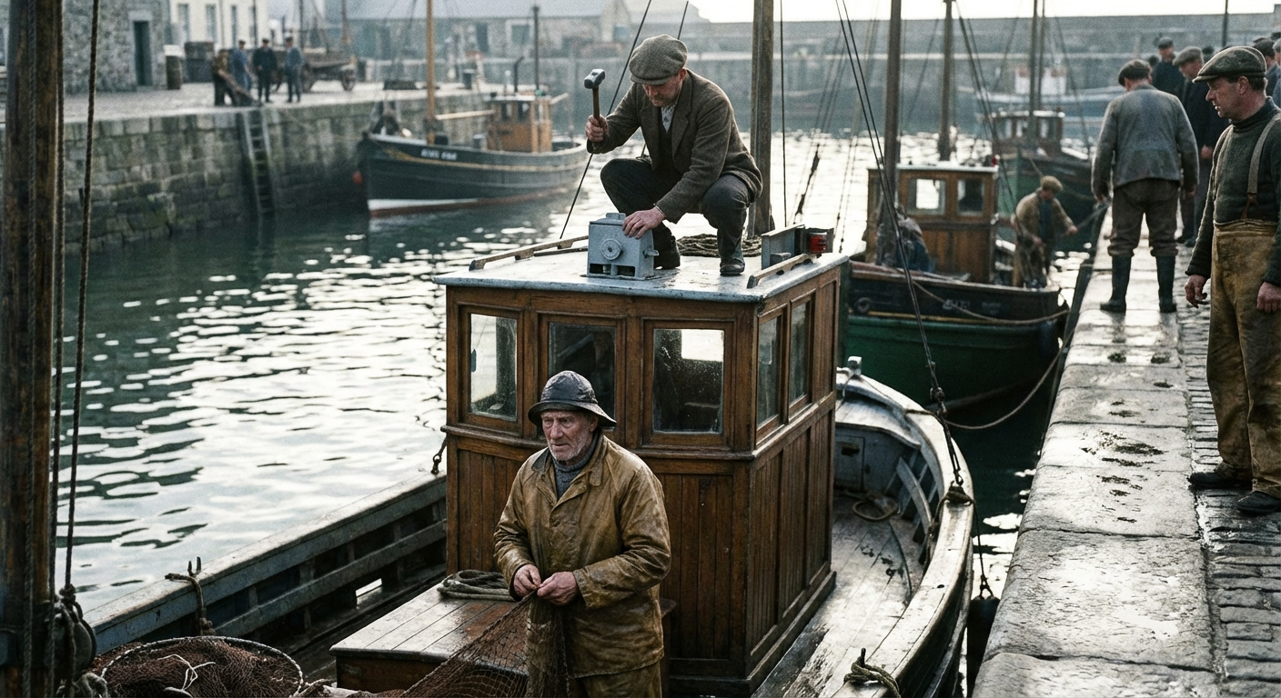 Reg Compton installing the first position-reporting beacon aboard the Northern Light