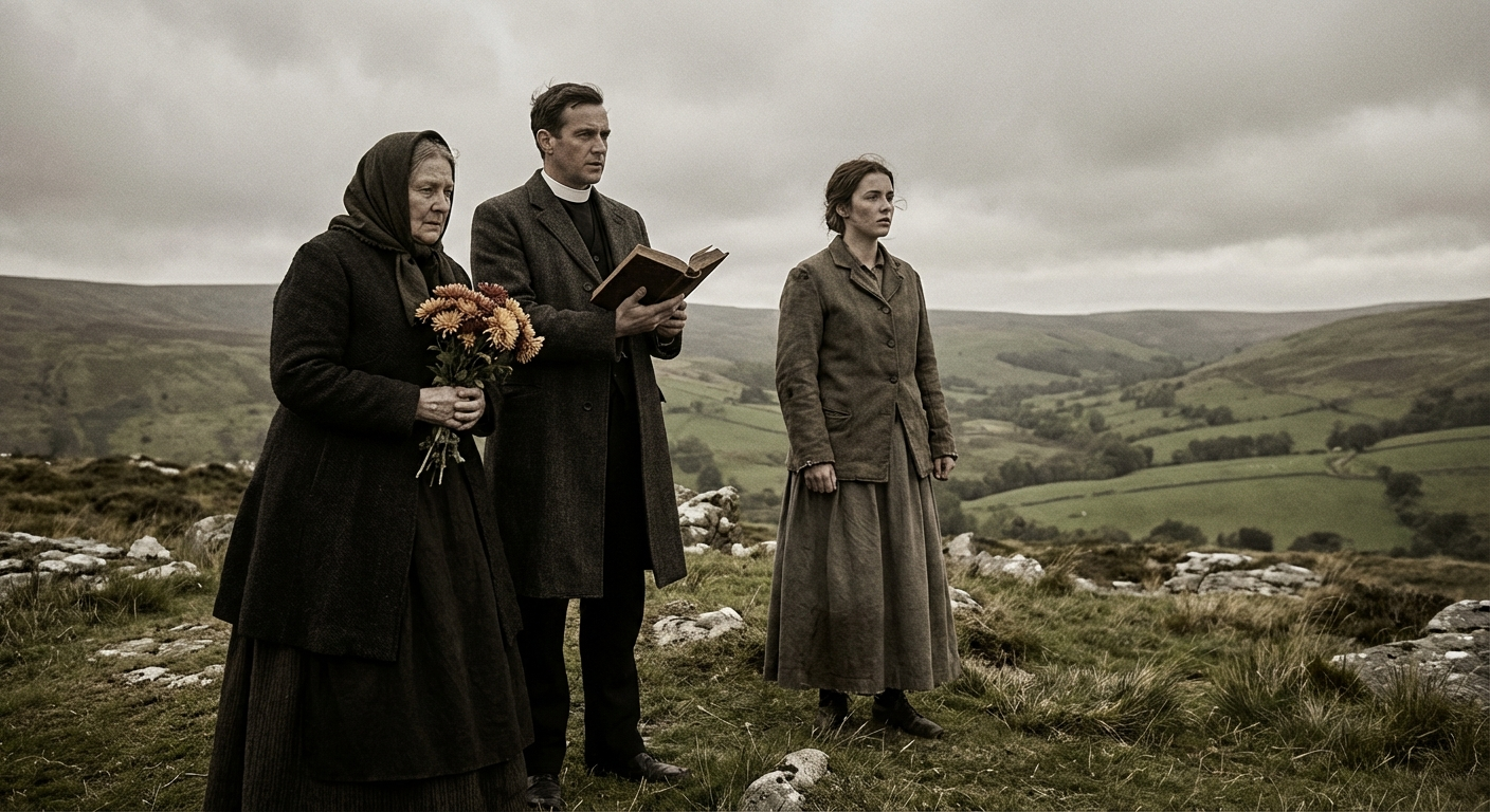 Dr Huxley, Reverend Blackwood, and Bess Holloway at the Dunvale hilltop, where Thomas Garland has lain since 1698