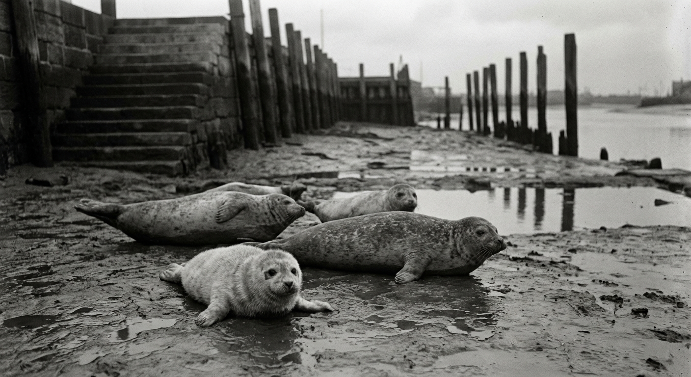 The Lower Ashwater seal colony, now ten strong, on the mudflats below Bramblegate Steps
