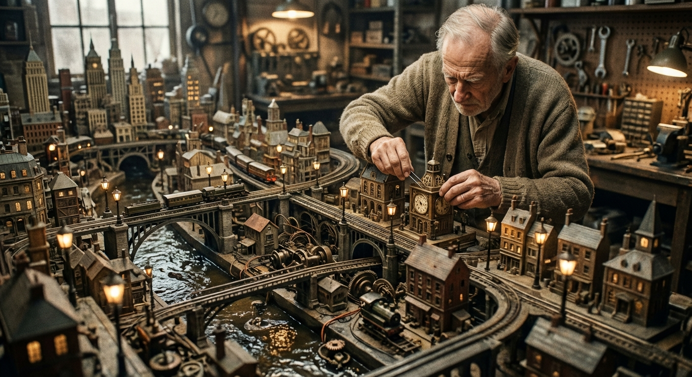 Faraday adjusts a miniature streetlamp in the Docklands quarter of his model, with the Ashwater visible at upper left