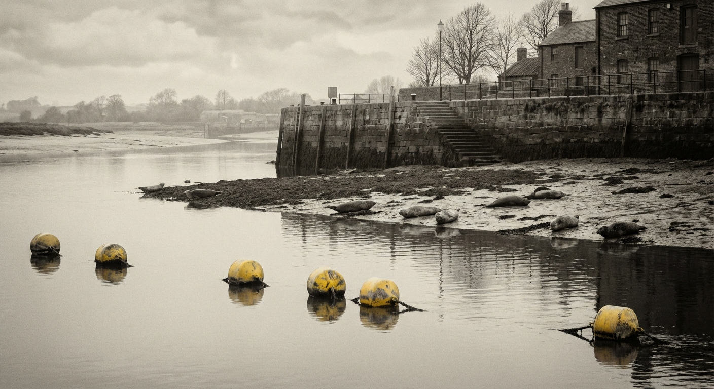 New marker buoys at the edge of the protection zone, with the seal colony visible on the mudflats beyond
