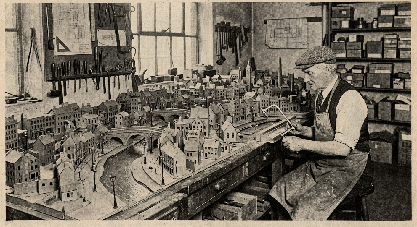Arthur Bayliss surveys the divide before making the cut that will separate Faraday's mechanical Bobington at the river.