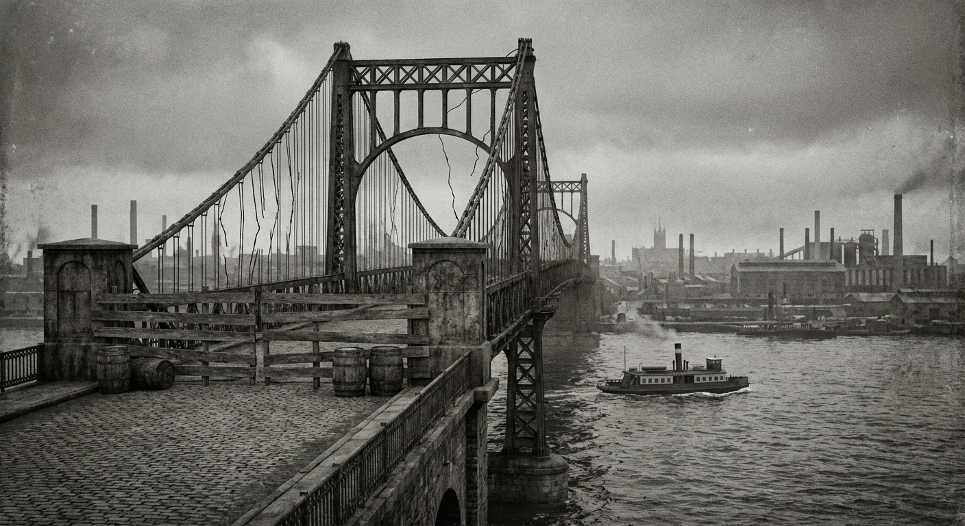 The Fernwick Bridge, closed since February, stands silent above the ferry crossing at Bramblegate Steps.