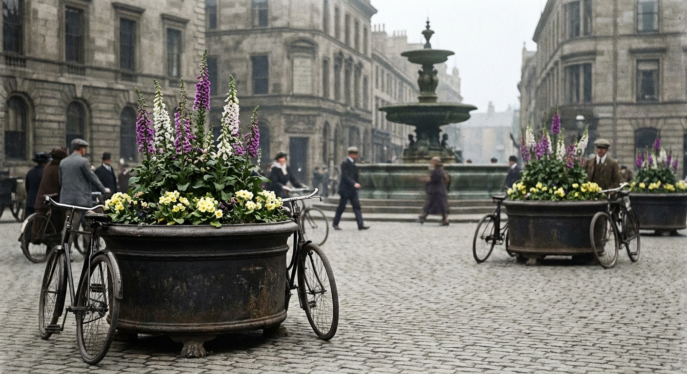 Wildflowers bloom in the municipal planters of Caldecott Square.