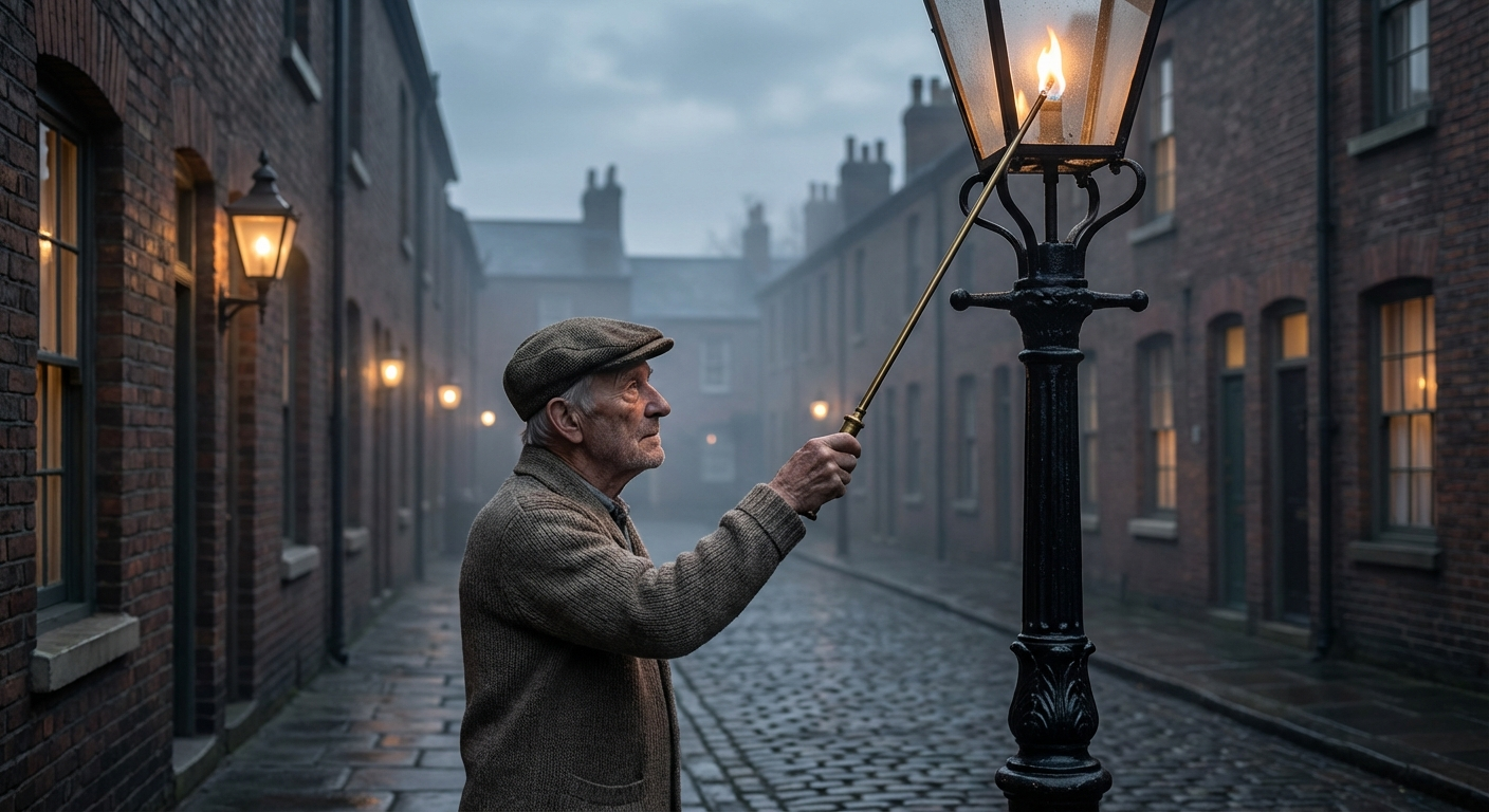 Horace Critchley lights the last gas lamp in Bobington, as he has done every evening for fifty-two years.