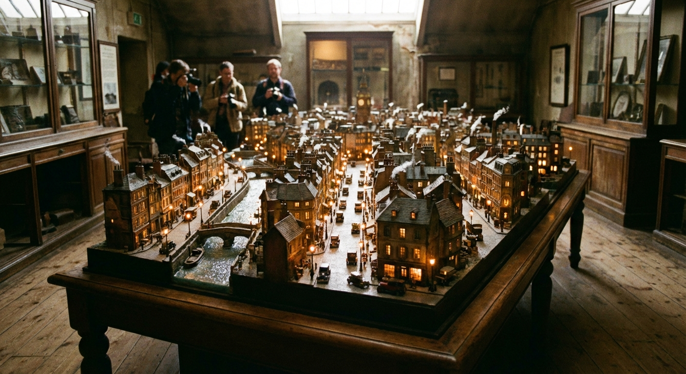 Thirty-two of the model's forty-eight streetlamps glowing in the upstairs gallery on Grayling Street.