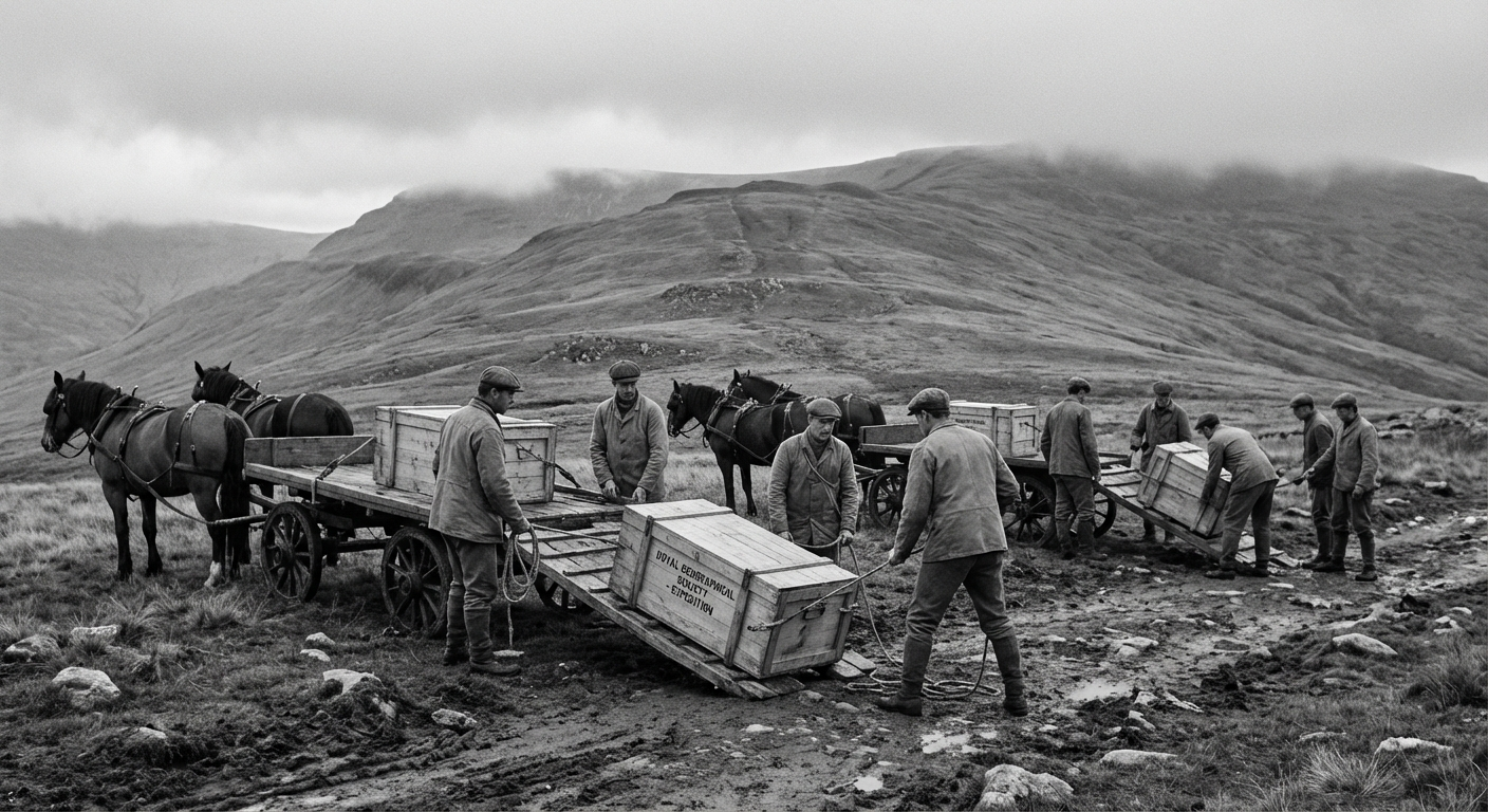 Equipment from the Northcroft convoy being unloaded at the Greymoor monitoring station site, with the ridge visible beyond.