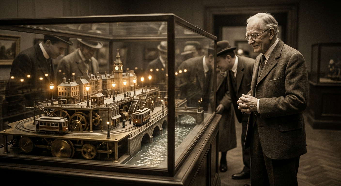 Faraday's mechanical model of Bobington, illuminated by forty-eight working streetlamps, at the Historical Preservation Society