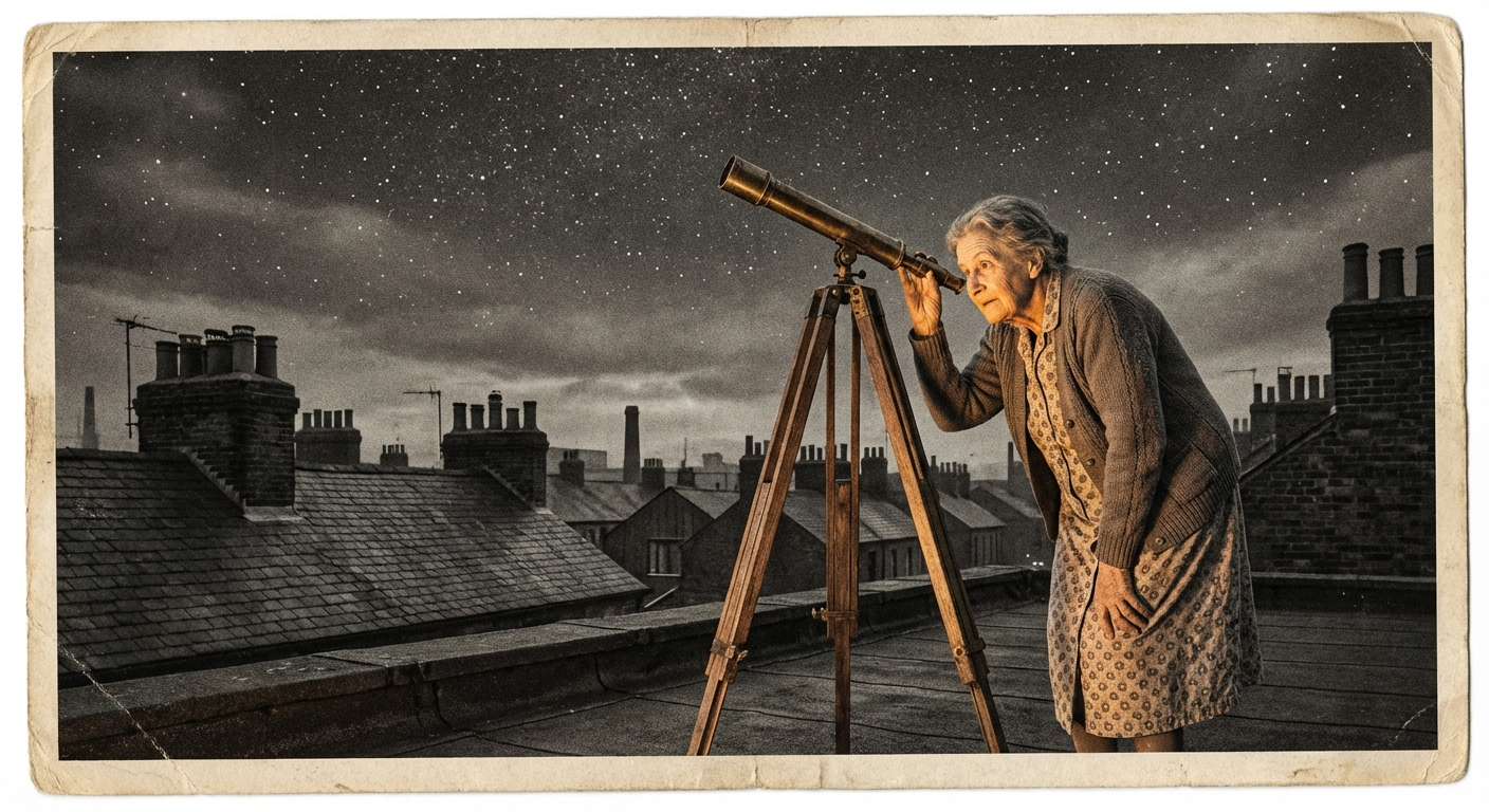 Edith Calloway at her rooftop telescope on Harbinger Lane, where she discovered the comet that now bears her name.