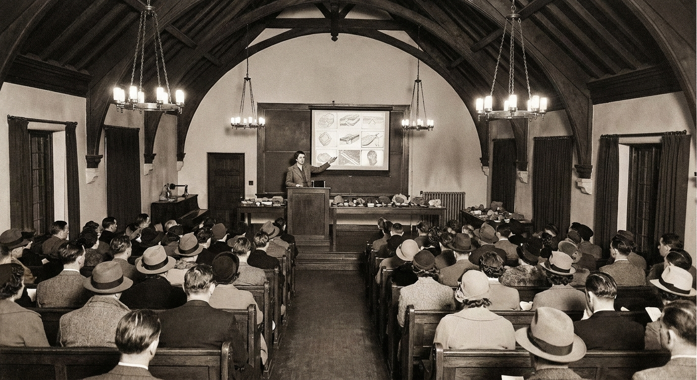 Dr Maren Huxley at the podium in Founders' Hall, presenting the archaeological findings from the Dunvale ridge.
