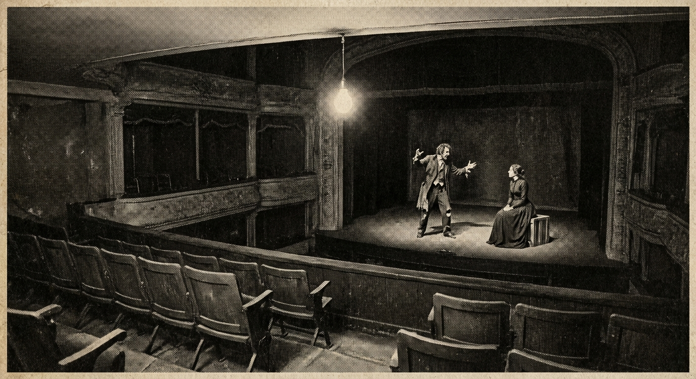 Thomas Ashworth and Nessa Holloway rehearse the third act of The Lamplighter's Oath under a working light at the Bellvue Theatre.