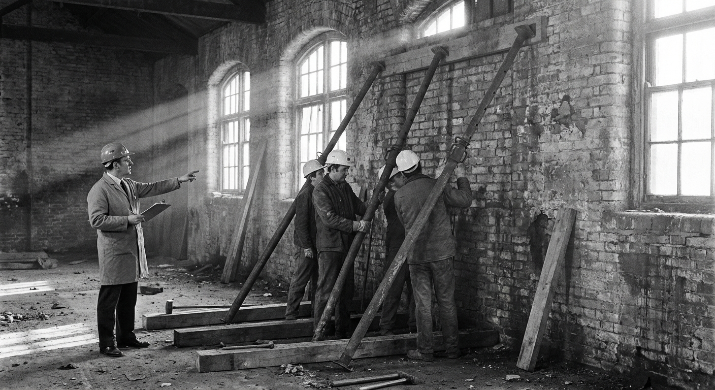 Steel shores being installed against the compromised eastern wall