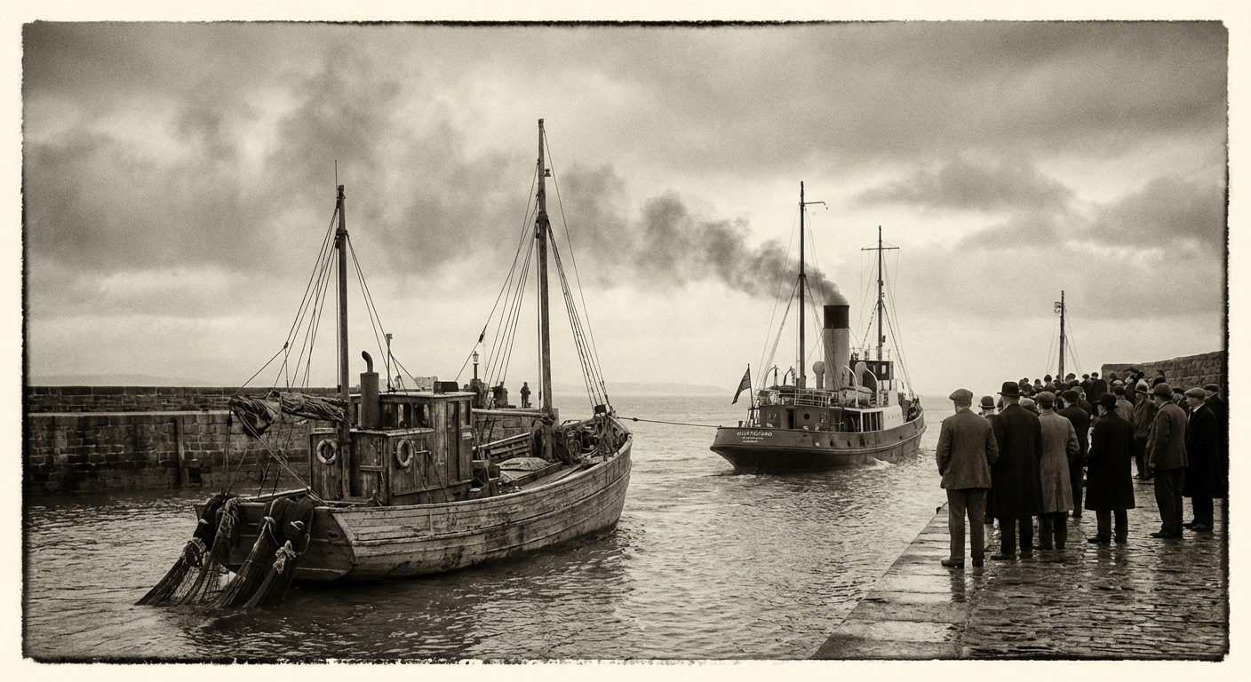 The Lady Maren under tow from the coastguard cutter Resolute, approaching Bobington harbour on Tuesday morning.