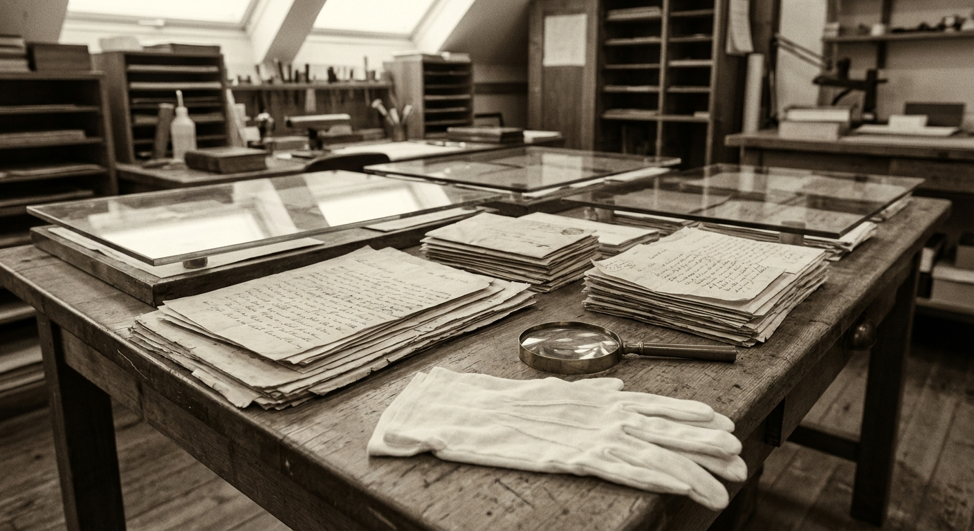 The first twelve documents from the Meredith cache, laid out under weighted glass in the Polytechnic's conservation room.