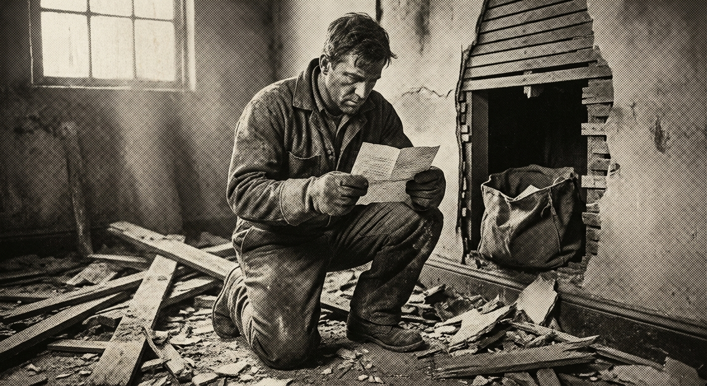 Demolition foreman Milo Garrett with the canvas satchel discovered behind a false wall panel in the upper offices of the old Meredith & Blackwell warehouse.