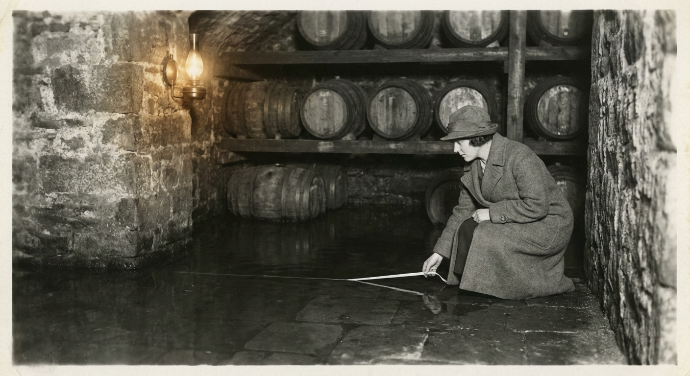 The cellar of The Old Cooperage, with water pooling on the flagstones